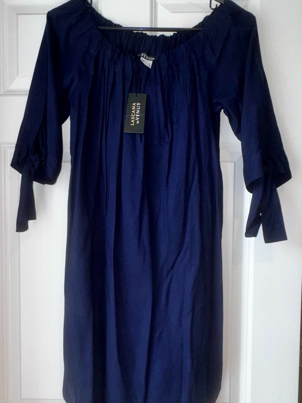 VENUS Navy Blue Off-Shoulder Tie-Sleeve Dress